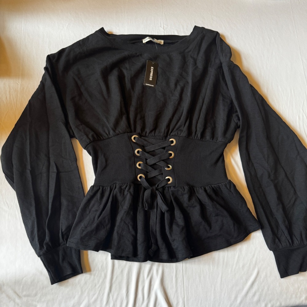 Express Black Ribbed Corset Lace Up Peplum Sweatshirt Long‎ Sleeve Women S